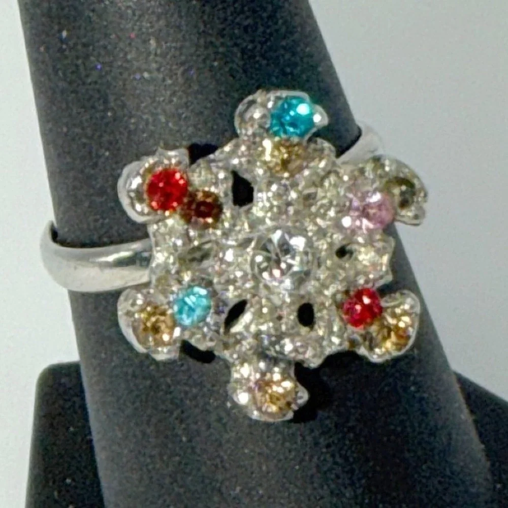 Silver Tone Multicolor Rhinestone Cluster Ring Adjustable‎ Size 8–8.25